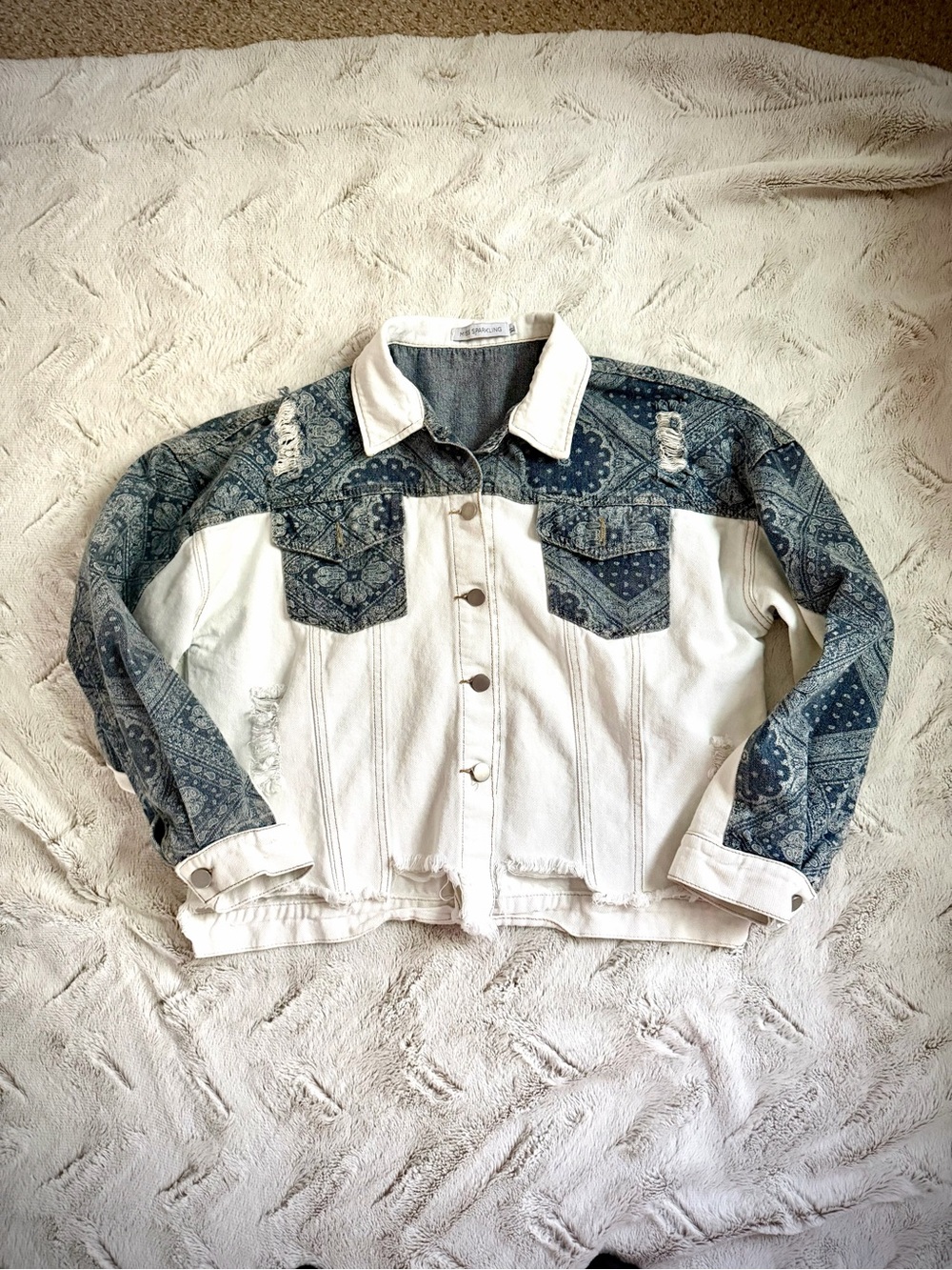 White and Blue Patterned Panel Denim Jacket - Women’s Casual Jean Jacket